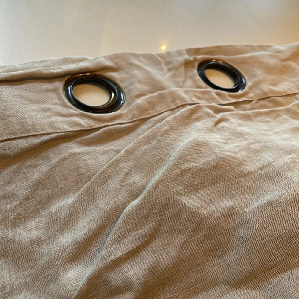 Pair of 2 Beige Khaki 100% Linen Curtain Panels w Grommet Rings 102”